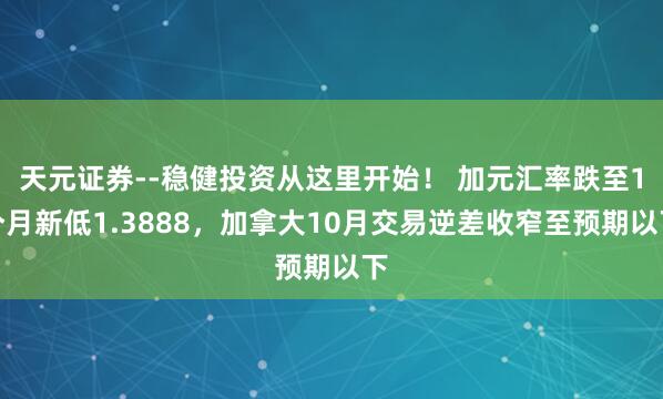 天元证券--稳健投资从这里开始！ 加元汇率跌至1个月新低1.3888，加拿大10月交易逆差收窄至预期以下
